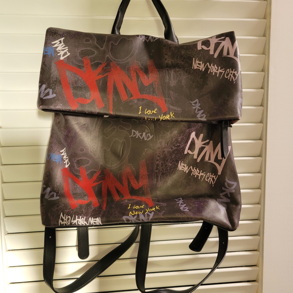 DKNY Black Graffiti-Print Roll-Top Backpack with Red, Purple & Yellow Accents